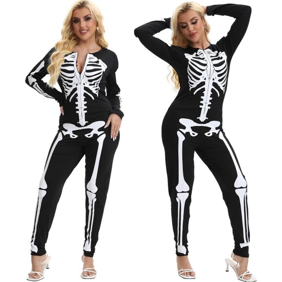 Women's White Skeleton Form Fitting & Flattering Double Sided Skeleton Costume - Picture 1 of 7